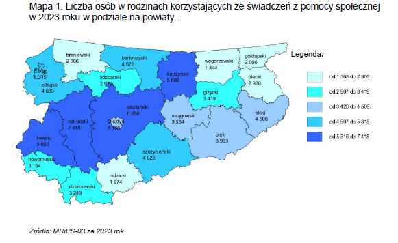 Zdjęcie przedstawia kolorową mapę województwa warmińsko-mazurskiego z podziałem na powiaty 