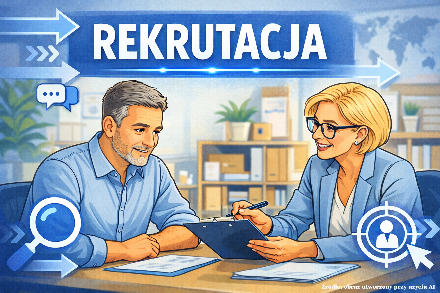 Zdjęcie przedstawia ilustrację,  na której widać siedzącego przy biurku mężczyznę i kobietę w okularach, która trzyma w ręku  przedmiot przypominający zeszyt/ notes  i ołówek