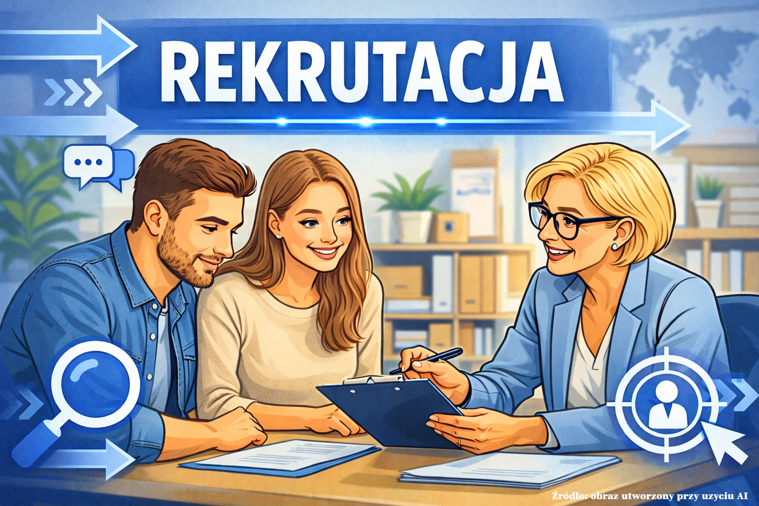 Ilustracja w odcieniach niebieskiego i beżu przedstawiająca proces rekrutacji w biurze. Przy biurku siedzi młoda para – mężczyzna z brodą i uśmiechnięta kobieta w jasnym swetrze – rozmawiając z kobietą w okularach i żakiecie, która trzyma podkładkę z dokumentami i długopis. Nad nimi widnieje duży napis „REKRUTACJA” na tle grafiki z mapą świata i strzałkami, a w rogach obrazu znajdują się ikony lupy, dymka czatu oraz tarczy z sylwetką człowieka