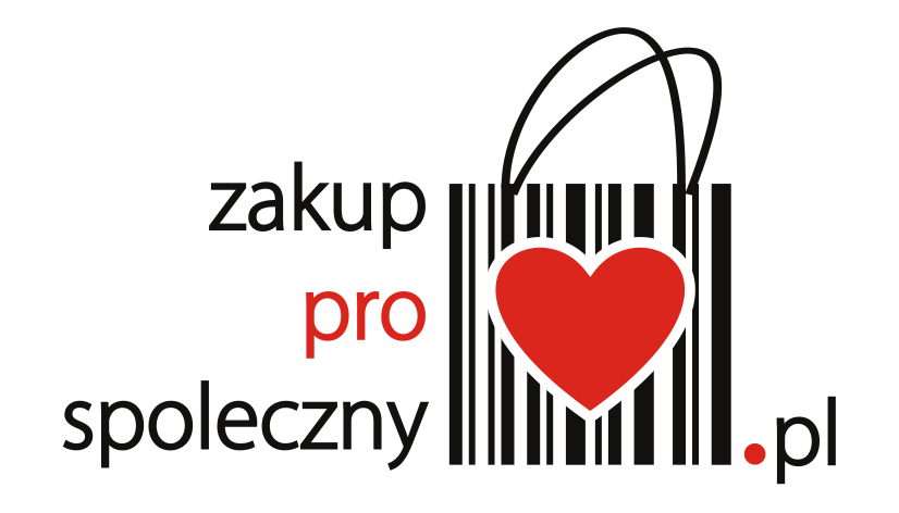 Zdjęcie przedstawia logo na którym widnieje na kwadratowym kodzie kreskowym czerwone serce. Obok znajduje się napis zakup pro spoleczny.pl. Kształt logo przypomina torbę na zakupy. 
